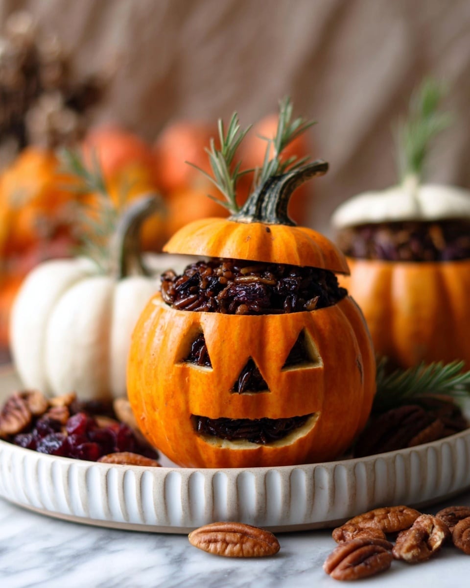 An oval brown dish holds six mini pumpkins, three orange and three white, each with their tops removed and placed next to them as lids. Inside the hollow pumpkins is a dark purple-black filling with a textured, chunky surface. Two green sprigs of rosemary lay on top of the filling in the dish. Around the dish are whole pumpkins of orange, white with green stripes, and yellow with green marks, all with a smooth, dimpled surface. A white bowl filled with the same dark filling is at the bottom left, and scattered dried cranberries and pecans are on the brown wooden surface. A green and white striped cloth is at the bottom right corner. The photo taken with an iphone --ar 4:5 --v 7