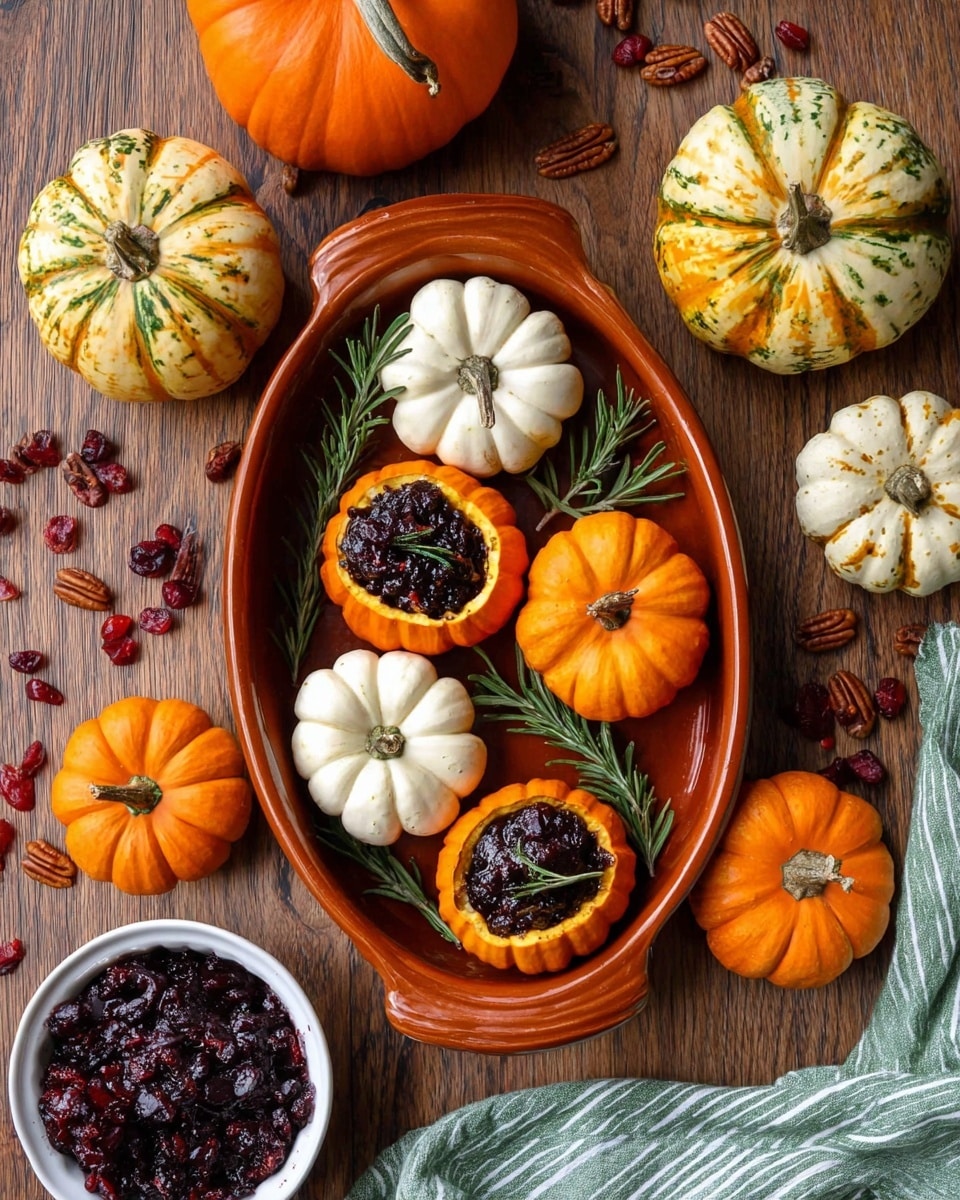 The image shows three small pumpkins on a white plate with carved faces like jack-o'-lanterns, each filled with a dark rice mix topped with herbs and dried cranberries. Two pumpkins are bright orange with their tops slightly lifted, one topped with a small sprig of rosemary, while the third pumpkin is creamy white with a pale yellow lid, also lifted to reveal the filling. The plate is placed on a dark wooden table with scattered pecans and cranberries around it, and a green and white striped cloth is partly visible in the background, along with various small pumpkins and gourds out of focus behind the plate. Photo taken with an iphone --ar 4:5 --v 7