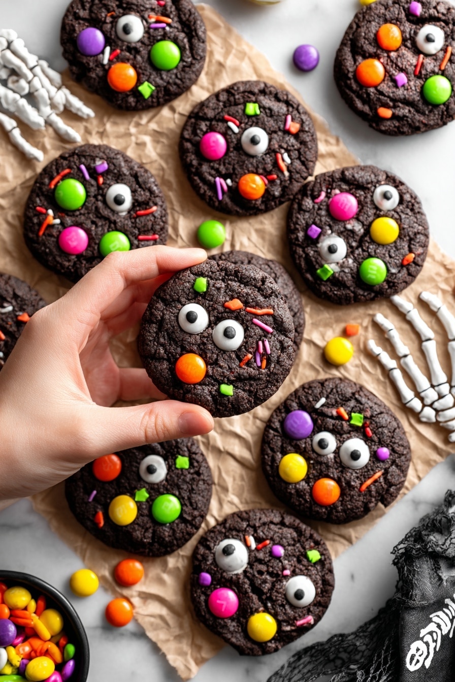 A group of dark chocolate cookies spread over crumpled brown paper on a white marbled surface, each cookie decorated with colorful candy-coated chocolate pieces in bright orange, yellow, green, purple, and red, along with small round and rod-shaped sprinkles in pink, green, orange, and black, and white candy shapes like bones. Several cookies have two candy eyes, making funny faces. A white skeleton hand holds one cookie in the middle, and there are small black bowls with more candies nearby, along with a black cloth with skeleton prints on the right side. photo taken with an iphone --ar 2:3 --v 7 - Halloween Cookies, Halloween Cookies Recipe, Festive Halloween Cookies, Spooky Halloween Cookie Ideas, Candy-topped Halloween Cookies