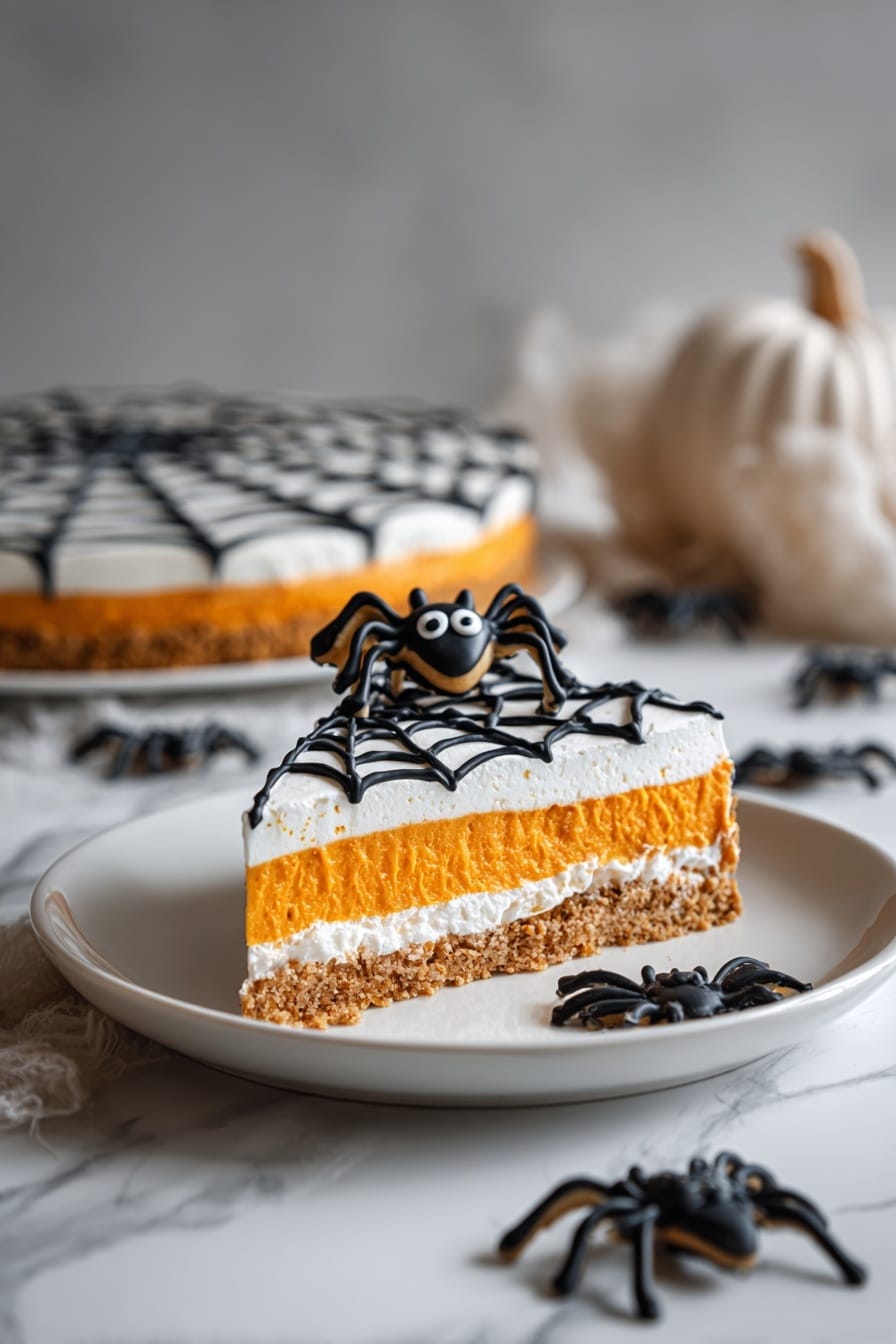 The image shows a slice of Halloween-themed pie on a white plate. The slice has three visible layers: a light brown crumb crust at the bottom, an orange pumpkin layer in the middle, and a white creamy top layer. On the top layer, black icing is drawn in lines to look like a spider web. A small cookie decorated as a black spider with white eyes sits near the wider edge of the slice. Around the plate on a white marbled surface are several small black plastic spiders and part of a spider web decoration. A larger pie with similar decoration is in the background. photo taken with an iphone --ar 2:3 --v 7 - Spider Pie for Halloween, Halloween pumpkin cheesecake, spooky Halloween dessert, festive Halloween pie, Halloween themed dessert