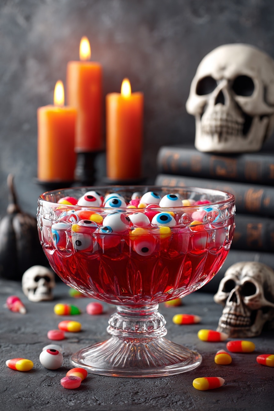 The image shows a clear glass punch bowl filled with bright red punch that has multiple white and colorful eyeball-shaped candies floating on the surface. A clear ladle lifts some punch with two eyeball candies inside from the bowl. The punch bowl sits on a dark surface with scattered candy pieces around it, and in the background are two lit orange candles, a small white ghost decoration, and black skull-shaped items. The setting gives off a spooky Halloween vibe with bright colors and playful details. Photo taken with an iphone --ar 2:3 --v 7 - Halloween Punch with Gummy Eyeballs and Edible Gold Glitter, spooky Halloween punch, Halloween party drink, festive Halloween beverage, creepy Halloween cocktail