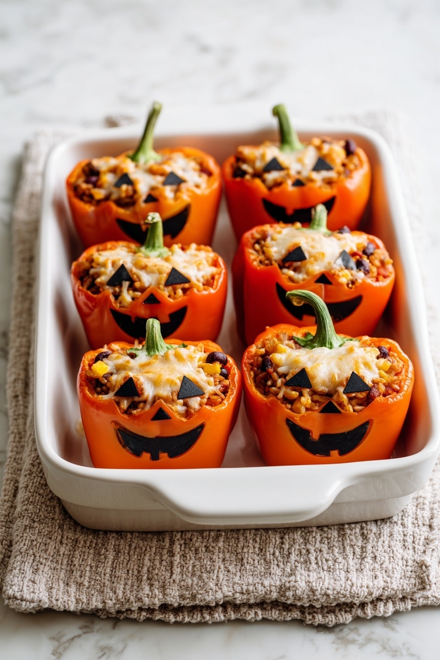 An orange bell pepper is carved with triangle eyes and a jagged mouth to look like a small pumpkin, with its top resting slightly open, showing light orange cooked rice mixed with small bits of chicken inside. The pepper sits on a stack of four white plates, on a white marbled surface. Several small black plastic spiders are placed around the pepper and plates, with one spider crawling up the front of the plates and others on the rice and pepper. In the background, more bell peppers carved the same way can be seen blurred. photo taken with an iphone --ar 2:3 --v 7 - Jack-O'-Lantern Stuffed Peppers, Halloween stuffed peppers, festive stuffed peppers recipe, stuffed peppers for fall, healthy Halloween dinner