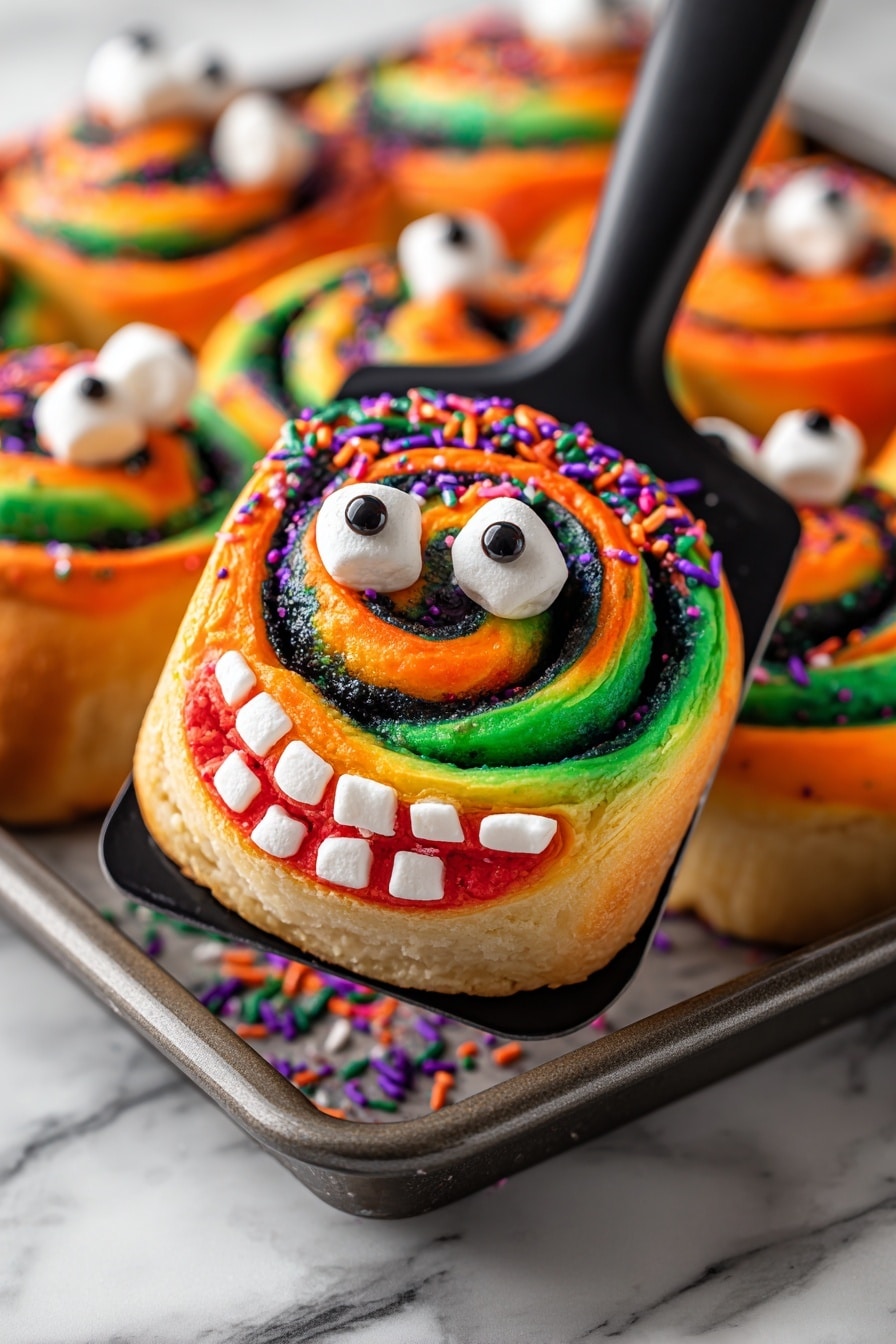 The image shows a tray with twelve colorful rolls arranged in three rows and four columns. Each roll has a swirl pattern with bright orange, green, and black colors, giving a vibrant look. On top of each roll, there are small white round candy eyes placed near the center and mini white marshmallows arranged to look like teeth, with red drizzle on them to imitate blood. There is also a small orange candy resembling a nose below the eyes. Some sprinkles in purple, green, and orange are scattered around the rolls and on the edges of the tray. The tray itself is orange and sits on a white marbled surface. photo taken with an iphone --ar 2:3 --v 7 - Halloween Black and Orange Cinnamon Rolls with Spooky Decorations, Halloween cinnamon rolls, spooky Halloween treats, Halloween festive dessert, Halloween cinnamon roll ideas