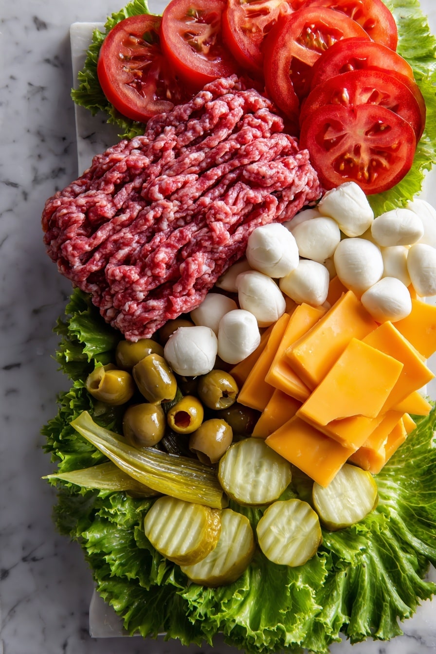 Flat lay of fresh ground beef with rich red and marbled fat textures, bright green crisp lettuce leaves, vibrant red tomato slices with juicy seeds, glossy black olives cut in halves showing star-shaped centers, smooth white mini mozzarella balls, sharp orange cheddar cheese wedges cut into small triangles, and pale green pickle slices with a slightly wet sheen, all neatly arranged in an inviting and colorful display, placed on white marbled surface, photo taken with an iphone --ar 2:3 --v 7 - Monster Face Burgers, fun burger ideas, kids-friendly burger recipes, creative burger toppings, themed burger recipes