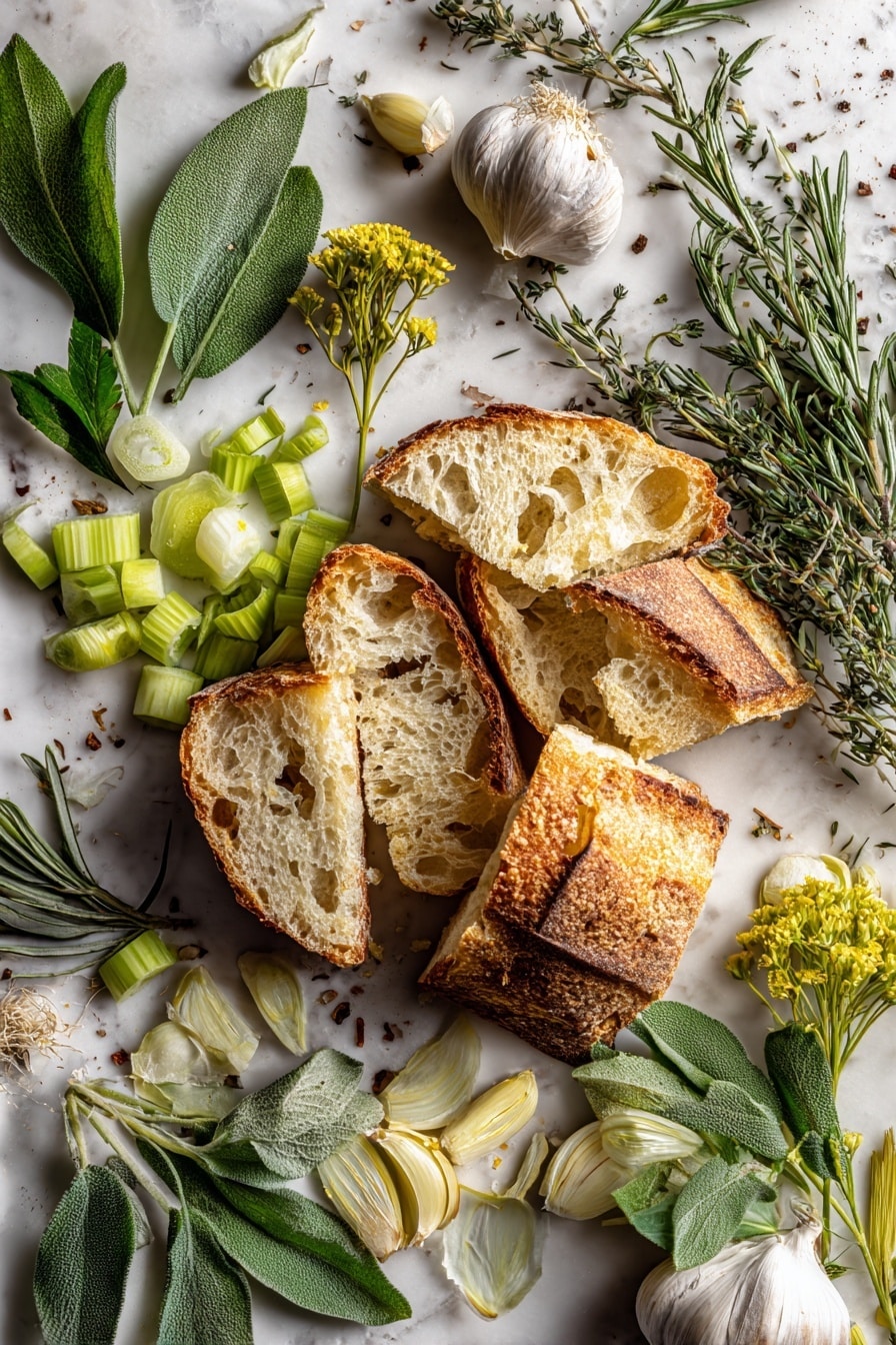 Flat lay of golden italian bread slices with crispy edges, torn pieces of rustic sourdough bread showing airy texture, bright green fresh parsley leaves, vibrant sage sprigs with soft fuzzy leaves, woody rosemary stems, delicate thyme sprigs, pale yellow sweet onions chopped into small pieces, crunchy celery sticks cut into sections, and several garlic cloves with papery white skin, all naturally arranged with some herbs scattered loosely around, placed on white marbled surface, photo taken with an iphone --ar 2:3 --v 7 - Grilled Bread Stuffing, holiday stuffing recipes, smoky bread stuffing, easy stuffing ideas, festive stuffing recipes