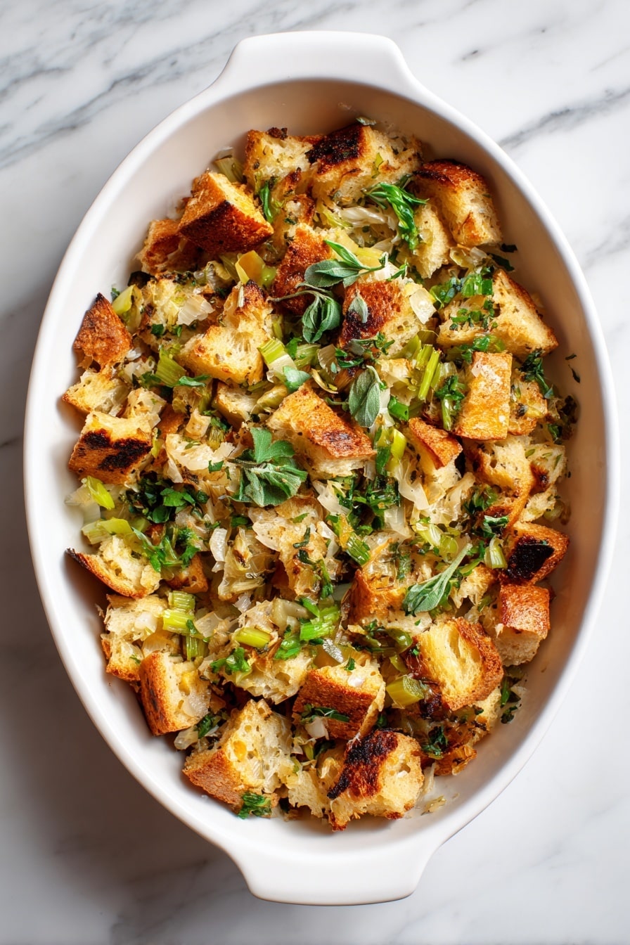 The dish shows one layer of stuffing in a white oval dish with gold handles on both sides. The stuffing is made of torn golden brown toasted bread pieces mixed with small bits of cooked onion and celery. There are green herb leaves scattered evenly on top, and the bread pieces have a crispy, slightly charred texture, giving a rough and uneven surface. The dish sits on a white marbled surface. photo taken with an iphone --ar 2:3 --v 7 - Grilled Bread Stuffing, holiday stuffing recipes, smoky bread stuffing, easy stuffing ideas, festive stuffing recipes