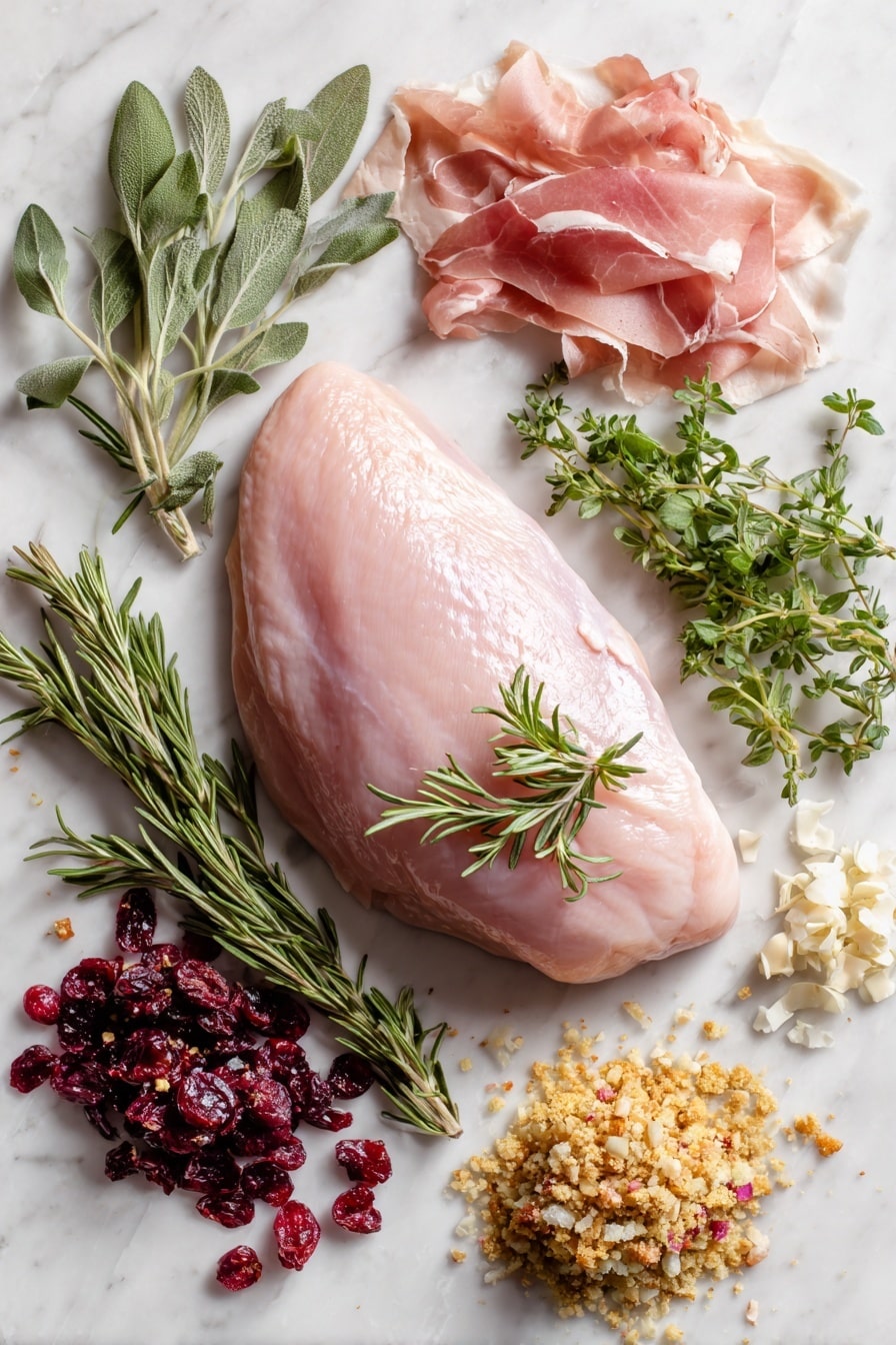 Flat lay of a plump raw turkey breast with smooth pale pink skin, fresh bright green herbs including parsley, rosemary, thyme, and sage with delicate leaves, glistening deep red dried cranberries scattered nearby, minced garlic cloves showing a slightly creamy white texture, thin translucent pink slices of prosciutto arranged in gentle folds, and a small mound of golden seasoned bread crumbs with a coarse texture, all arranged naturally with some herbs overlapping the turkey, placed on white marbled surface, photo taken with an iphone --ar 2:3 --v 7 - Prosciutto Wrapped Stuffed Turkey Breast, turkey breast recipe, holiday turkey, stuffed turkey breast, elegant poultry main dish