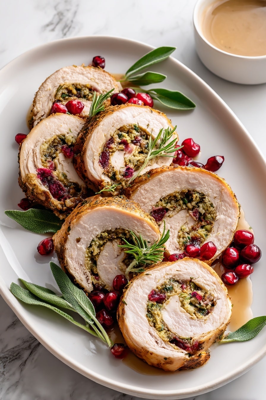 The image shows several round slices of rolled turkey arranged neatly on a white plate. Each slice has a spiral pattern with a light brown outer layer of cooked turkey skin, a thick middle layer of pale cooked turkey meat, and an inner swirl of green herb stuffing and dark red cranberry filling. Fresh green sage leaves and small clusters of glossy pomegranate seeds are placed on top and around the turkey slices. In the upper right corner, a white bowl with light brown sauce is partially visible. The plate is on a white marbled surface. photo taken with an iphone --ar 2:3 --v 7 - Prosciutto Wrapped Stuffed Turkey Breast, turkey breast recipe, holiday turkey, stuffed turkey breast, elegant poultry main dish
