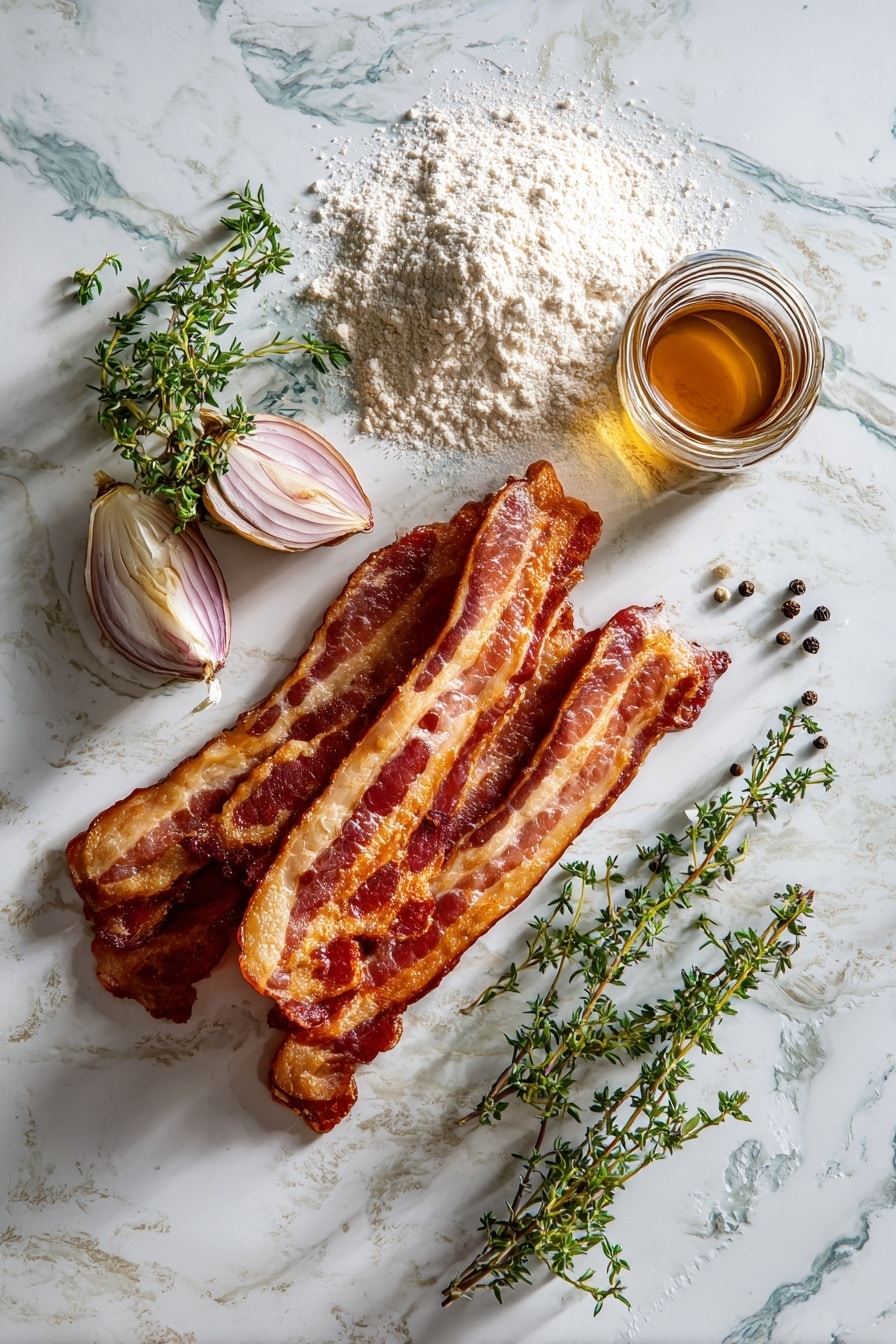Flat lay of thick-cut crispy bacon pieces with their golden-brown edges, thinly sliced shallots in soft pale purple and white layers, a small pile of light beige all-purpose flour with fine powdery texture, a clear glass of cold water catching soft reflections, fresh sprigs of green thyme for a touch of herb, rich amber chicken stock visible in a small jar, and scattered black peppercorns adding dark contrast, all beautifully arranged with natural spacing and gentle shadows placed on white marbled surface, photo taken with an iphone --ar 2:3 --v 7 - Caramelized Shallot Bacon Gravy, savory gravy with bacon and shallots, homemade gravy recipe, rich bacon and shallot sauce, flavorful holiday gravy