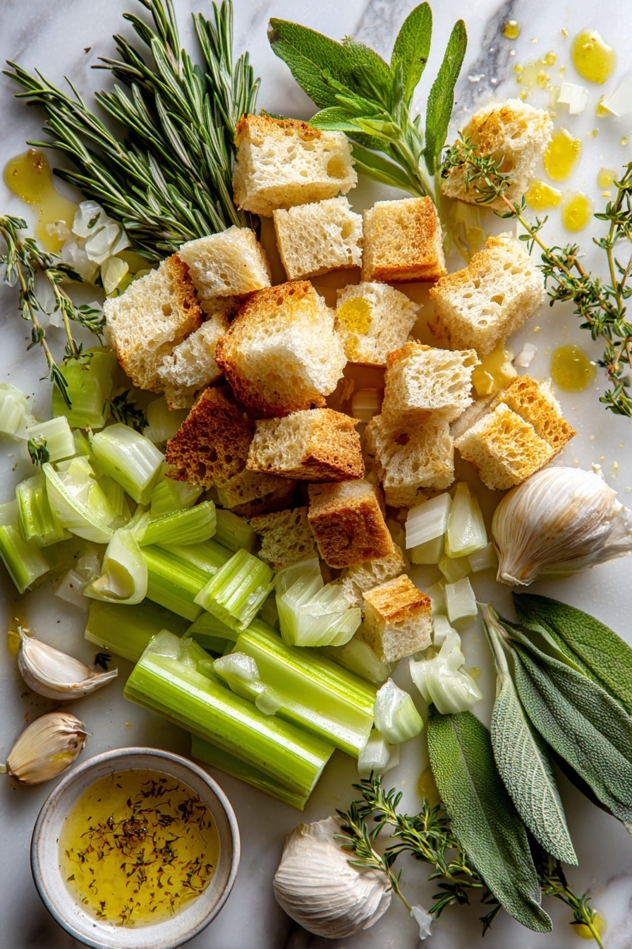 Flat lay of golden toasted sourdough and Italian bread cubes arranged in a loose pile, surrounded by vibrant green celery stalks with crisp texture, bright white and yellow layers of sweet diced onions, and rich creamy garlic cloves nestled nearby. Fresh herb sprigs of deep green rosemary, sage with soft fuzzy leaves, and bright parsley add freshness and color contrast, all glistening slightly with dots of buttery yellow melted butter. The ingredients are naturally scattered in an inviting and rustic style, placed on white marbled surface, photo taken with an iphone --ar 2:3 --v 7 - Buttery Herb Stuffing, savory holiday stuffing, herb-infused stuffing, easy stuffing recipe, flavorful stuffing side dish