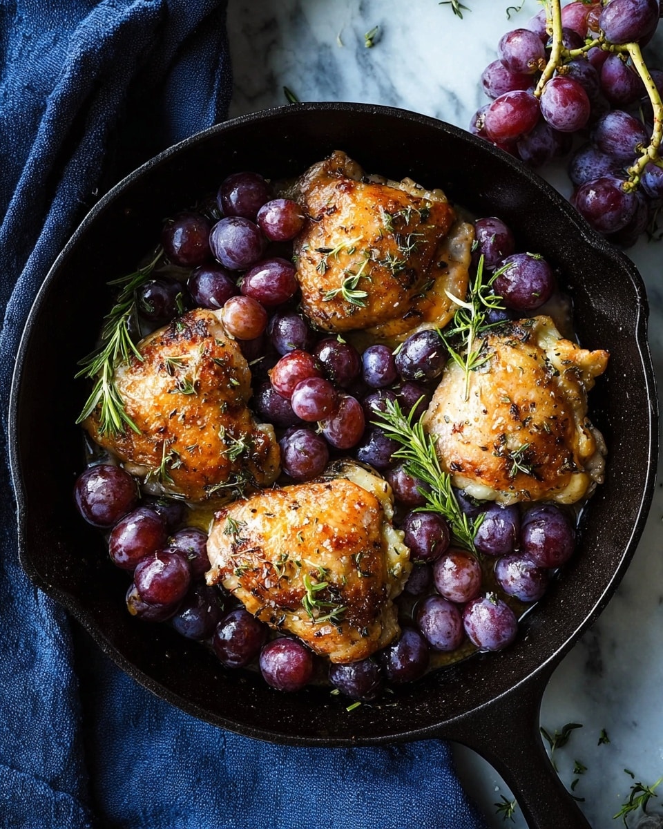 The image shows a black cast iron pan with four pieces of cooked chicken thighs, each with a golden-brown, crispy skin and sprinkled with green rosemary leaves. Between the chicken pieces are clusters of dark purple grapes, some slightly shiny with moisture. The pan sits on a dark textured surface with red autumn leaves scattered around. The background includes a blurred white marbled texture and hints of other food items. Photo taken with an iphone --ar 4:5 --v 7
