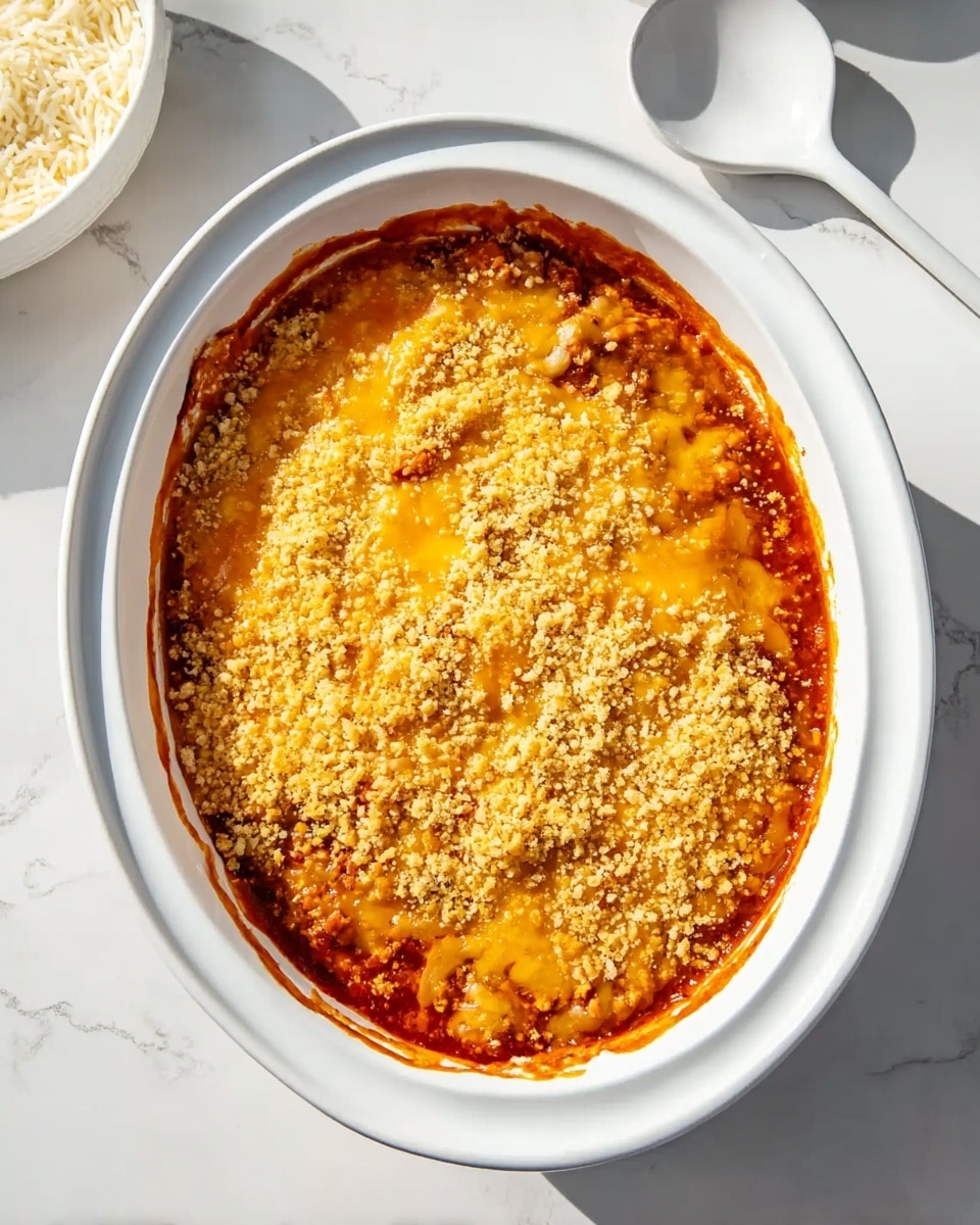 A white oval baking dish filled with a baked dish that has a bright orange melted cheese layer on top, sprinkled evenly with a crumbly light yellow topping. Beneath the cheese, hints of a thick red sauce peek through the edges, suggesting a rich tomato base. The surface underneath is a white marbled texture, and a white spoon is placed at the top right corner of the dish. Another round white dish partially appears on the left side, holding a white grainy or shredded ingredient. The lighting is bright, casting soft shadows. photo taken with an iphone --ar 4:5 --v 7