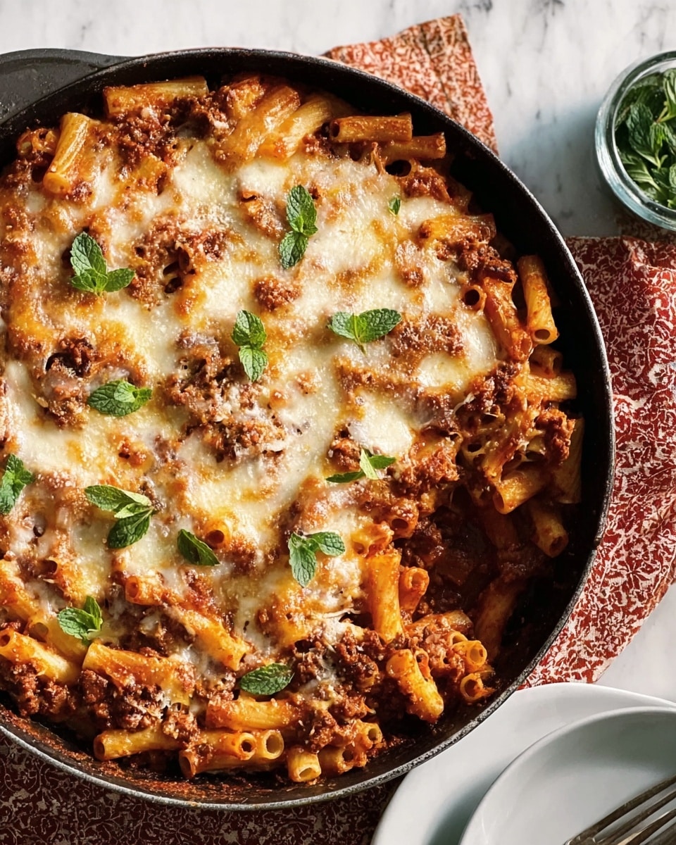 A round brown dish filled with baked pasta is shown, placed on a white plate with a white marbled surface underneath. The bottom layer is tubular pasta coated in a brownish-red meat sauce, with pieces of pasta slightly exposed on the right side. The top layer is a melted light golden cheese covering the pasta and sauce, sprinkled with small green fresh mint leaves and a light crispy topping that looks toasted. A red and white patterned cloth is partially under the dish, and a slightly worn silver spoon lies to its right. Photo taken with an iphone --ar 4:5 --v 7