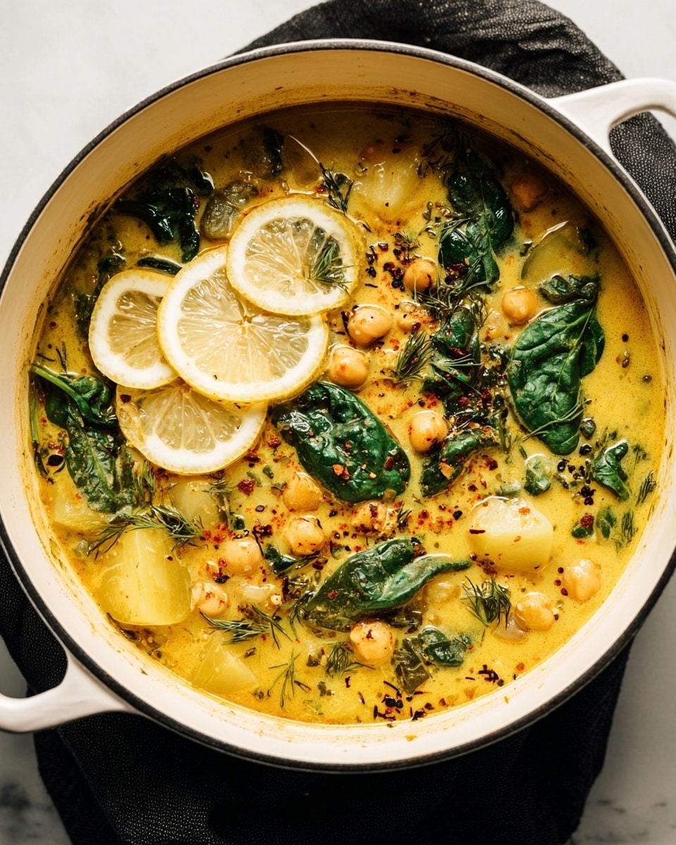 Inside a white pot, there is a thick yellow soup with soft chunks of potatoes and chickpeas scattered through it. Bright green spinach leaves float on top along with two thin lemon slices on one side. The soup has small sprinkled black and red spices over it. Some fresh herbs are mixed in and the soup looks warm and creamy. The pot sits on a dark cloth over a white marbled surface. photo taken with an iphone --ar 4:5 --v 7