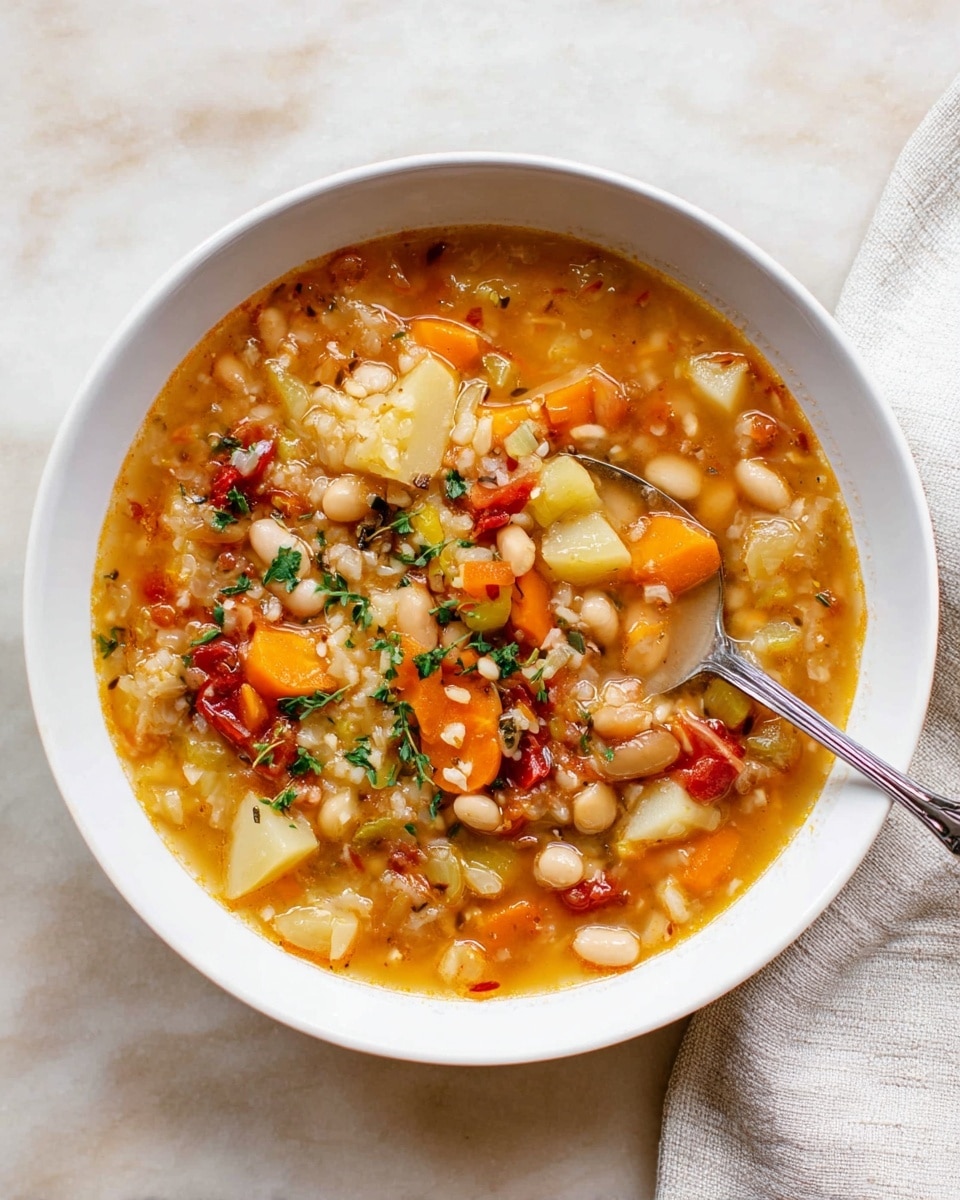 A close-up view of a black pot filled with thick vegetable soup showing multiple layers: at the bottom, soft chunks of orange carrots and light yellow potatoes, mixed with small white and brown beans, covered by a tomato-based broth that is reddish-orange in color. Throughout the soup, bits of green herbs are sprinkled on top, giving a fresh look. A wooden spoon with a worn handle leans inside the pot from the right side. The pot sits on a white marbled surface, and a white cloth is placed on the lower left corner. Photo taken with an iphone --ar 4:5 --v 7