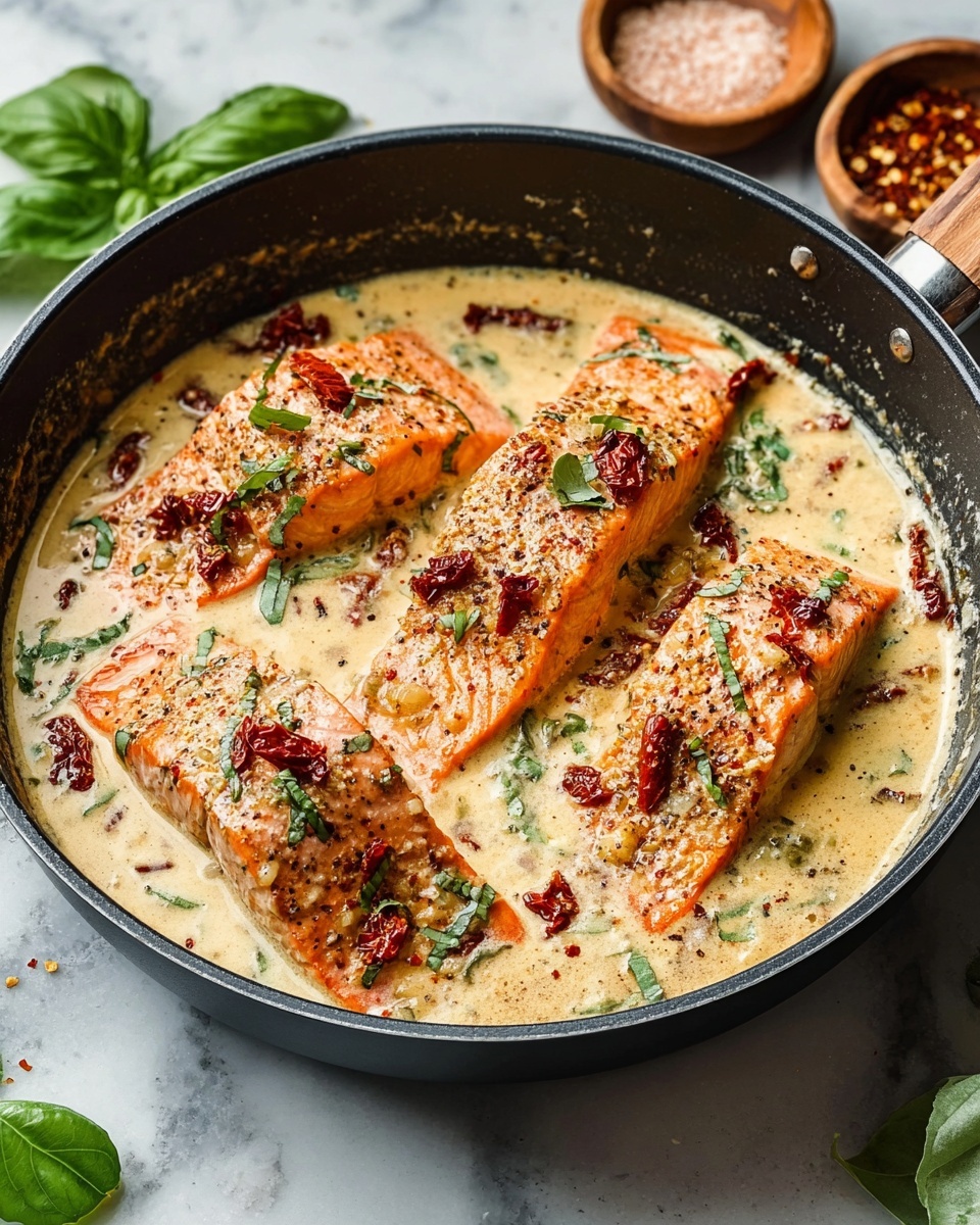 A black pan filled with four pieces of orange cooked salmon, each piece showing a textured surface with seasoning. The salmon sits in a creamy light beige sauce that covers the bottom of the pan. Small bits of red sun-dried tomatoes and green chopped herbs are sprinkled on top of the salmon and sauce, adding pops of color. The pan is placed on a white marbled surface with a few green basil leaves and wooden bowls holding red pepper flakes and light-colored powder near it. Photo taken with an iphone --ar 4:5 --v 7