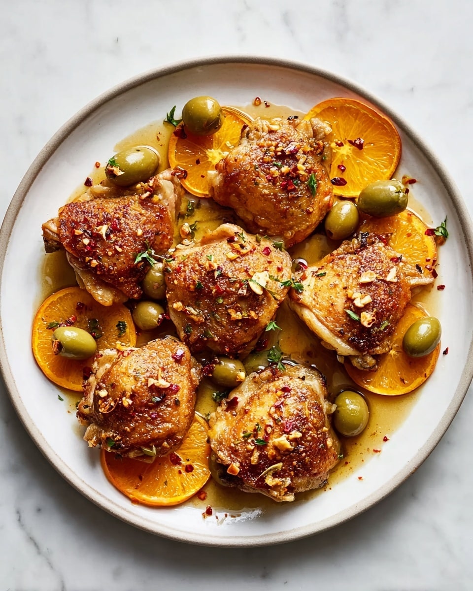 The image shows a white round pan with handles on both sides, placed on a white marbled surface. Inside the pan, there are eight pieces of golden-brown cooked chicken thighs arranged evenly in a single layer. The chicken pieces have a crispy texture with some visible black pepper seasoning on top. Scattered among the chicken are small green olives and a single bay leaf near the center. The chicken thighs sit in a shallow layer of light orange broth or sauce that slightly glistens, enhancing the roasted look. The edges of the pan have dark brown, caramelized spots showing the cooking marks. photo taken with an iphone --ar 4:5 --v 7