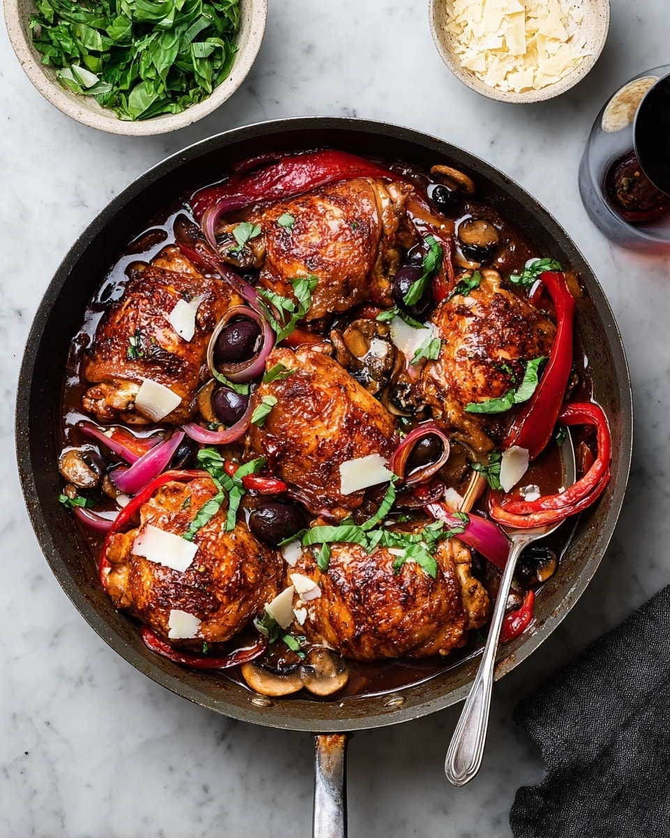 A black cast iron pan filled with five pieces of golden-brown cooked chicken thighs resting in a dark sauce. The dish includes sliced mushrooms, black olives, and red bell pepper pieces mixed throughout. On top of the chicken, there are scattered fresh green herb leaves and thin white shaved cheese pieces. To the right, a white bowl contains more shaved cheese, and to the left, there is a white bowl with chopped green herbs. The background is a white marbled texture. photo taken with an iphone --ar 4:5 --v 7