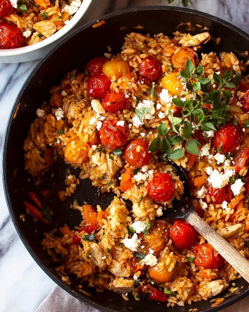 A black bowl filled with a colorful rice dish sits on a white marbled surface. The dish has a base layer of orange-red rice mixed with small pieces of zucchini, mushrooms, and red bell peppers. Bright red cherry tomatoes are scattered throughout the bowl, with some small white crumbles of cheese sprinkled on top. Small green leaves of fresh herbs decorate the top, adding a touch of green color. A black spoon rests inside the bowl on the right side. In the background, there is a black pan with more of the same dish and some fresh herbs scattered around on a white cloth with thin black stripes. photo taken with an iphone --ar 4:5 --v 7