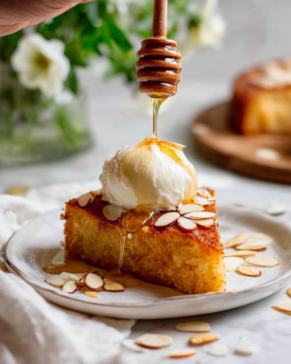 A slice of golden brown cake with a slightly crispy edge sits on a white plate. On top of the cake is a scoop of smooth white ice cream. Thin, light brown almond slices are scattered around the cake and ice cream. A wooden honey dipper held by a woman's hand drizzles shiny golden honey over the ice cream and cake, creating a glossy flow. The plate is set on a white marbled surface with a soft white cloth nearby, and a blurred green plant and additional cake are in the background. photo taken with an iphone --ar 4:5 --v 7