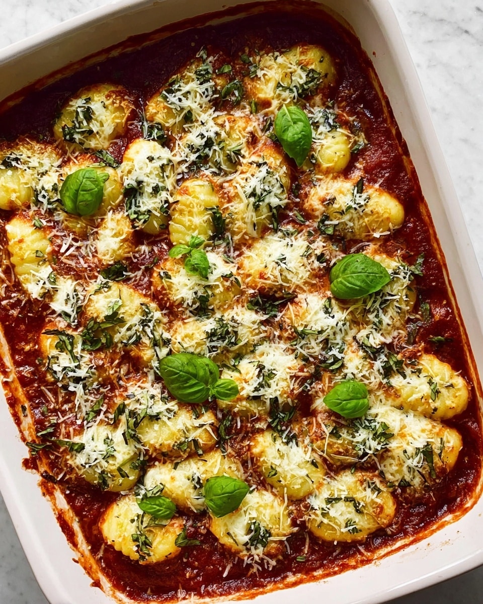 The image shows a white rectangular baking dish filled with two main layers. The bottom layer is a thick, rich red tomato sauce. On top, there are many oval-shaped gnocchi pieces covered with melted white cheese sprinkled with finely shredded cheese and small green herbs. Scattered fresh green basil leaves add bright color contrast and freshness to the dish. The food looks warm, soft, and cheesy. Photo taken with an iphone --ar 4:5 --v 7