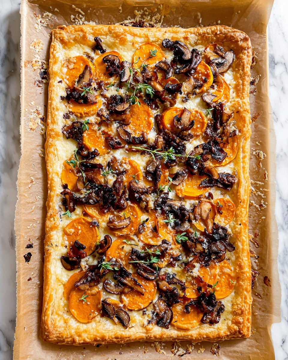 The image shows a rectangular pizza on parchment paper with a golden-brown puff pastry crust that is thick and puffy around the edges. The pizza is topped with a layer of melted cheese that spreads evenly over the surface, covered by slices of roasted orange butternut squash and dark brown sautéed mushrooms scattered on top. Small green herb sprigs are sprinkled across the pizza, adding a touch of color contrast. The parchment paper underneath has some baked-on spots, and the whole scene is set against a white marbled surface. Photo taken with an iphone --ar 4:5 --v 7