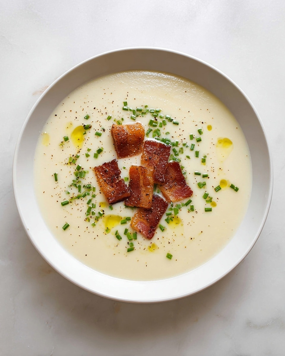A shallow white bowl holds a smooth, light cream-colored soup as the base layer. In the center, there are six rectangular pieces of browned, crispy bacon with a shiny surface arranged in a small pile. Around the bacon, finely chopped green chives are scattered evenly, adding a contrast of color. There are small drops of yellow oil spread across the soup, and a light sprinkle of black pepper is spread over the top. The bowl is placed on a white marbled surface. photo taken with an iphone --ar 4:5 --v 7