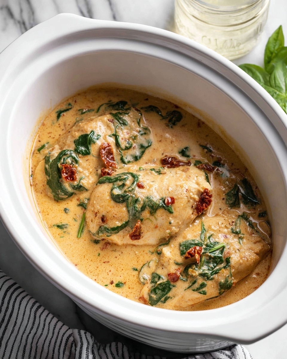 The image shows a white slow cooker filled with a creamy dish that has three large pieces of chicken. The chicken is covered in a thick, light orange sauce with green spinach leaves and small pieces of sun-dried tomatoes mixed in. The sauce looks smooth with some seasoning specks visible throughout. The slow cooker sits on a white marbled surface with a striped cloth nearby, and there is a blurred glass jar with a light substance in the background. photo taken with an iphone --ar 4:5 --v 7