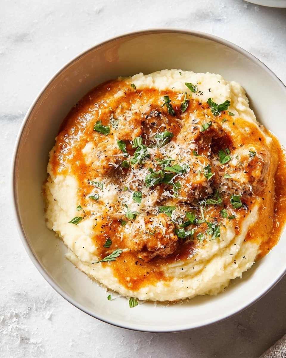 A white bowl filled with a layer of smooth, creamy mashed potatoes that are light and fluffy, topped with a thick orange-brown sauce containing small meatballs. The sauce glistens with a slight oily sheen and is sprinkled with finely grated cheese and fresh green herbs scattered on top. A silver fork lies inside the bowl on the left edge. The bowl sits on a white marbled surface with soft natural light shining from the upper left corner. Photo taken with an iphone --ar 4:5 --v 7