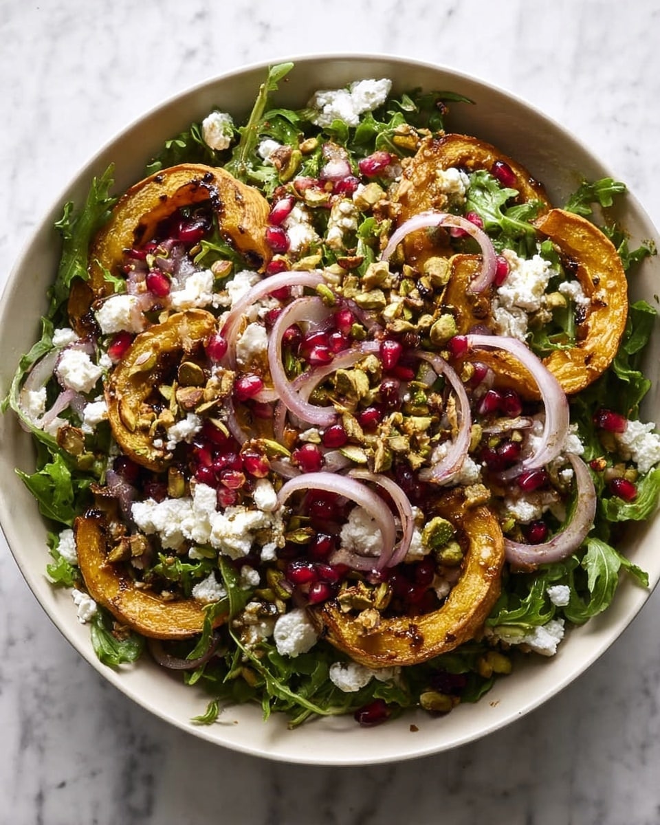 A white bowl filled with fresh green arugula leaves as the base layer, topped with slices of golden-brown roasted squash arranged in a loose circular pattern. Scattered on top are small, bright red pomegranate seeds and thin slices of purple-red onion. Crumbled white feta cheese is spread unevenly across the salad, and small green pistachio nuts are sprinkled all over, adding texture. The bowl sits on a white marbled surface with a white cloth draped partially underneath. The photo taken with an iphone --ar 4:5 --v 7