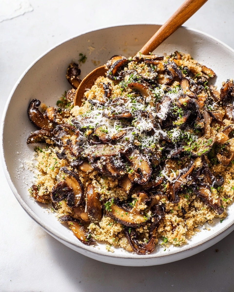A large white bowl sits on a white marbled surface, filled with a layered dish featuring a base of light brown, crumbly toasted breadcrumbs mixed with finely chopped green herbs. On top and mixed throughout, there are dark brown, glossy sautéed mushroom slices with slightly curled edges, adding texture and depth. Sprinkled over the dish is a fine layer of white grated cheese, contrasting with the darker mushroom tones. A wooden spoon rests inside the bowl, partly submerged in the food, enhancing the natural and rustic presentation. Photo taken with an iphone --ar 4:5 --v 7