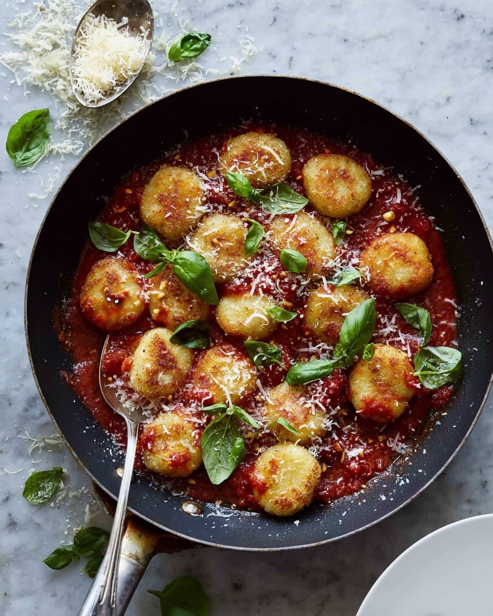 A black frying pan holds about a dozen golden-brown, round gnocchi pieces sitting in a deep red tomato sauce. Each gnocchi has a slightly crispy texture with some showing a small dab of thicker sauce on top. Bright green fresh basil leaves are scattered on the gnocchi and sauce, adding contrast. Grated white cheese is sprinkled over the gnocchi and sauce, some melting into the sauce and some resting on top. The pan rests on a white marbled surface with loose basil leaves and white cheese nearby. To the left, an old silver spoon filled with grated cheese lies on the white marbled surface. At the bottom right corner, part of a plain white plate is visible. Photo taken with an iphone --ar 4:5 --v 7