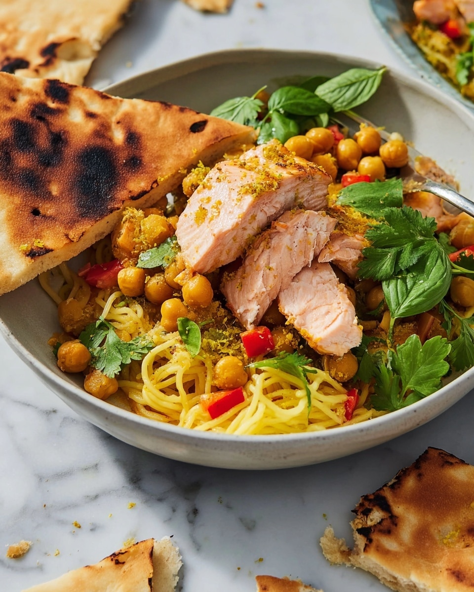The dish is served in a white bowl and has four main layers. At the bottom, there is a layer of cooked yellow noodles mixed with small pieces of red bell pepper. On top of the noodles, there is a layer of pale beige chickpeas scattered around. Above the chickpeas, slices of cooked chicken with a light yellow spice coating are placed, showing some pink inside. On one side of the bowl, there is a piece of slightly charred flatbread resting against the chicken. Fresh green cilantro and basil leaves are scattered on top, adding a bright color. A copper spoon rests inside the bowl on the left side. The bowl sits on a white marbled surface with some torn flatbread pieces nearby. photo taken with an iphone --ar 4:5 --v 7