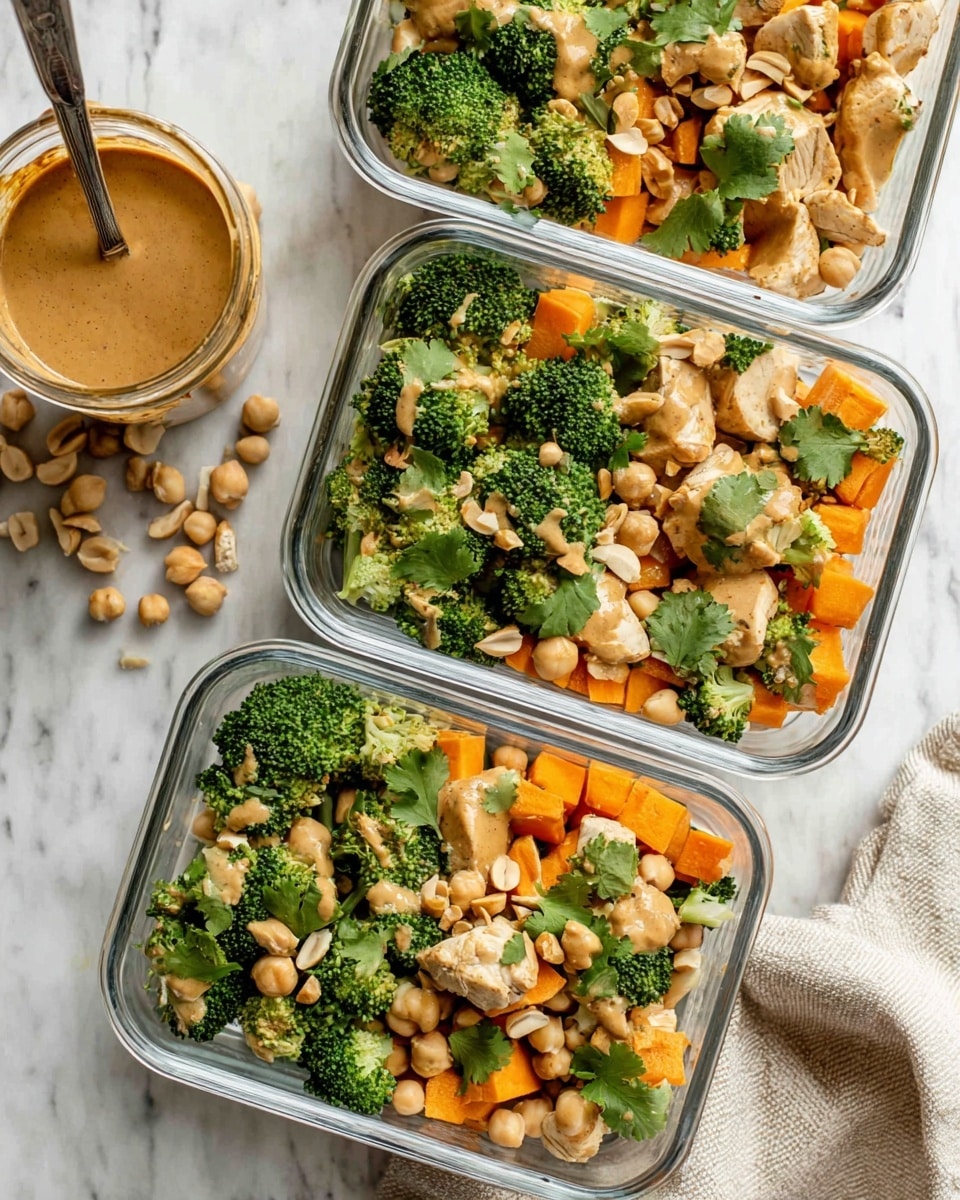 A white bowl with speckles holds a colorful dish with four main layers. The bottom layer has orange cubes of sweet potato placed around the bowl. On top of the sweet potato are small pale beige chickpeas scattered evenly. Next, bright green broccoli florets are placed on top of the chickpeas. Large pieces of light brown grilled chicken sit among the broccoli. A spoon is pouring a thick, shiny brown sauce over the chicken and vegetables, with some sauce dripping down. The bowl sits on a white marbled surface. Photo taken with an iphone --ar 4:5 --v 7