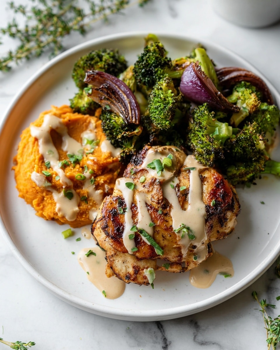 The image shows a large black baking tray filled with golden-brown roasted chicken pieces, each with a slightly crispy texture, scattered among bright green roasted broccoli florets that have some charred edges. Thin slices of cooked purple onion are mixed throughout, adding pops of color. A white bowl with light beige sauce, speckled with black pepper, sits on the tray, with a thin golden spoon resting inside. The tray is placed on a white marbled surface with small green herb sprigs scattered around. photo taken with an iphone --ar 4:5 --v 7