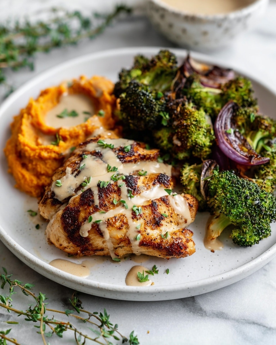 A white plate on a white marbled surface holds a meal with three main parts: on the left side, there are roasted broccoli florets with a few pieces of dark purple roasted onion, showing a slightly crispy texture and some light drizzled sauce. In the center and slightly to the right, there are two grilled chicken pieces with dark grill marks, topped with light creamy sauce and small green herb leaves scattered on them. At the bottom right on the plate, there is a scoop of orange mashed sweet potatoes, also drizzled with the same light sauce and sprinkled with green herbs. Next to the plate on the right, there is a gold fork and knife resting on a soft light gray cloth napkin. A white bowl with a creamy dip or sauce is partially visible on the top right of the image. The photo is taken with an iphone --ar 4:5 --v 7
