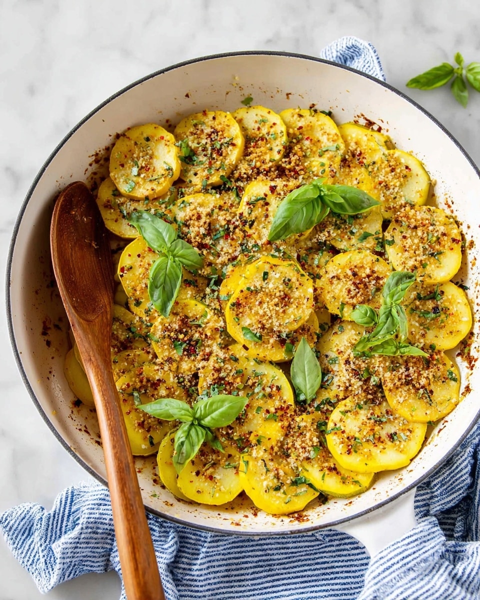 This image shows a white pan filled with yellow, round slices of cooked squash arranged in layers. The top layer is sprinkled with a crumbly mix of herbs and spices, giving a light green and brown texture. Bright green fresh basil leaves are scattered on top, adding color contrast. A wooden spoon rests inside the pan, partially buried in the squash slices. The pan sits on a white marbled surface with a blue and white striped cloth nearby. photo taken with an iphone --ar 4:5 --v 7