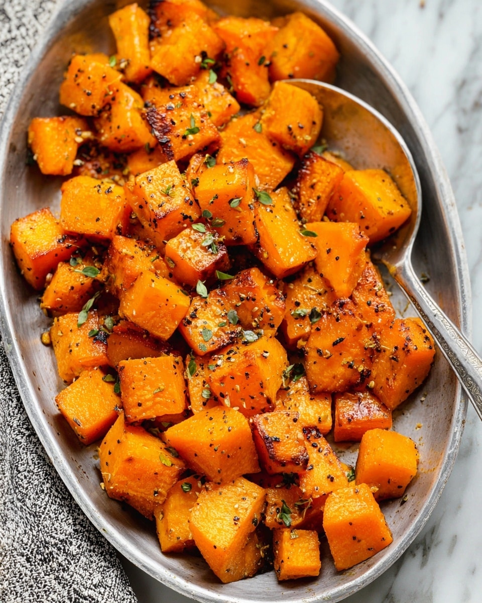 The image shows a close-up of a metal oval dish filled with roasted orange cubes of sweet potato, each piece slightly browned and crispy on the edges. The cubes are dusted with black pepper and small green herb leaves, adding texture and color contrast. A silver spoon is partially visible, partially buried in the roasted sweet potatoes. The dish sits on a white marbled surface with a hint of a gray and white patterned cloth in the bottom left corner. The scene has warm lighting that highlights the caramelized spots and fresh herbs on the sweet potatoes. photo taken with an iphone --ar 4:5 --v 7