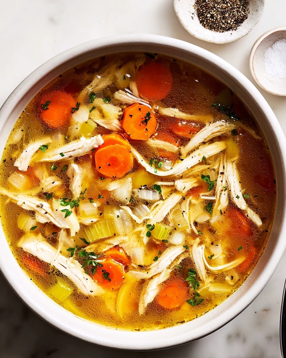 A white bowl filled with clear golden broth soup that has shredded white chicken pieces floating on the top layer. Underneath, there are bright orange carrot slices, light green celery pieces, and small white onion chunks, with tiny green herb bits sprinkled throughout. The soup has a slight oily sheen on the surface with visible black pepper specks, all resting on a white marbled surface. In the top right corner, there is a small white bowl with black pepper. Photo taken with an iphone --ar 4:5 --v 7