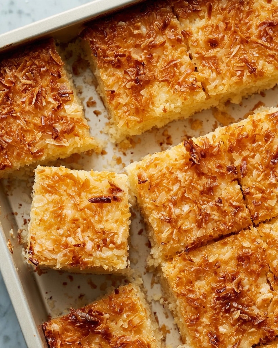 The image shows a square piece of golden toasted cake being lifted from a white square baking dish with a spatula that has a wooden handle. The cake has two main layers: a soft, light yellow cake base that looks moist and fluffy, and a thick, textured topping that is golden brown with crispy bits and shredded pieces, giving it a crunchy appearance. The cake's top layer has a slightly shiny glaze and some browning spots, making it look rich and inviting. The white marbled surface beneath the dish is clean and bright. Photo taken with an iphone --ar 4:5 --v 7