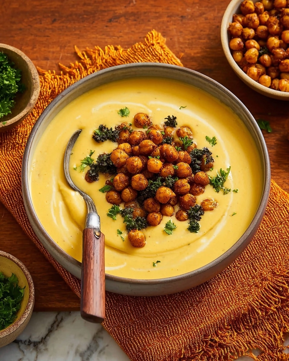 A deep white bowl filled with a smooth, creamy yellow soup, topped with a cluster of crispy brown chickpeas and scattered dark green parsley leaves. A silver spoon with a wooden handle rests partially in the soup, placed on the left side of the bowl. The bowl is set on a wooden surface with a textured orange cloth beside it, small bowls with more chickpeas and parsley are partially visible nearby. The background features a white marbled texture. photo taken with an iphone --ar 4:5 --v 7