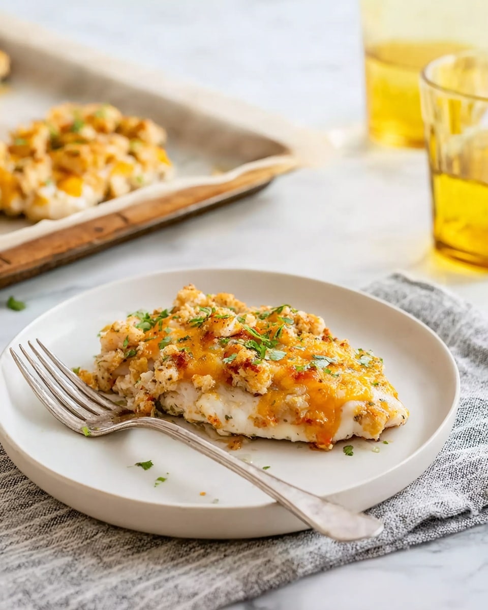The image shows four pieces of white chicken topped with a thick layer of golden brown baked cheese and small bits of crispy bacon or similar ingredients on top, each piece garnished with chopped green herbs, arranged on a baking sheet lined with white parchment paper. A small transparent bowl with more green garnish is near the top right, next to a wooden-handled spatula partly under one piece of chicken, all set on a white marbled surface. Photo taken with an iphone --ar 4:5 --v 7