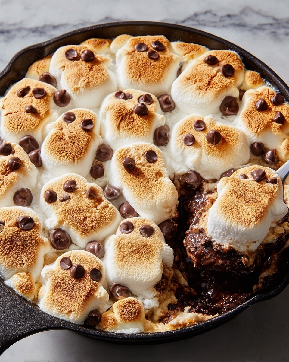 A black skillet filled with a layer of melted dark brown chocolate mixed with white cream. On top, there are about a dozen toasted marshmallows shaped like little ghosts, each with three small dark chocolate chips forming eyes and a mouth. One ghost marshmallow on the right side is partially eaten, revealing the soft inside and chocolate mix, with a graham cracker piece dipped in the chocolate and cream mixture resting on that spot. Around the skillet, there are scattered rectangular golden-brown graham crackers, some broken, and on the right, a small white bowl filled with yellow, orange, and white candy corn pieces. All this is set on a white marbled surface. photo taken with an iphone --ar 4:5 --v 7