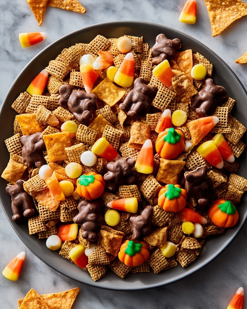 A large white bowl filled with a colorful snack mix including light brown small bear-shaped crackers, orange sweet potato chips, tan square cereal pieces, dark brown chocolate-covered pretzels, and bright orange pumpkin-shaped candies with green tops. The mix is heaped high and spilling slightly, with some pieces outside the bowl on a white marbled textured surface. A woman's hand is picking up one of the pumpkin-shaped candies from the top right of the bowl. The background has a white marbled texture. Photo taken with an iphone --ar 4:5 --v 7