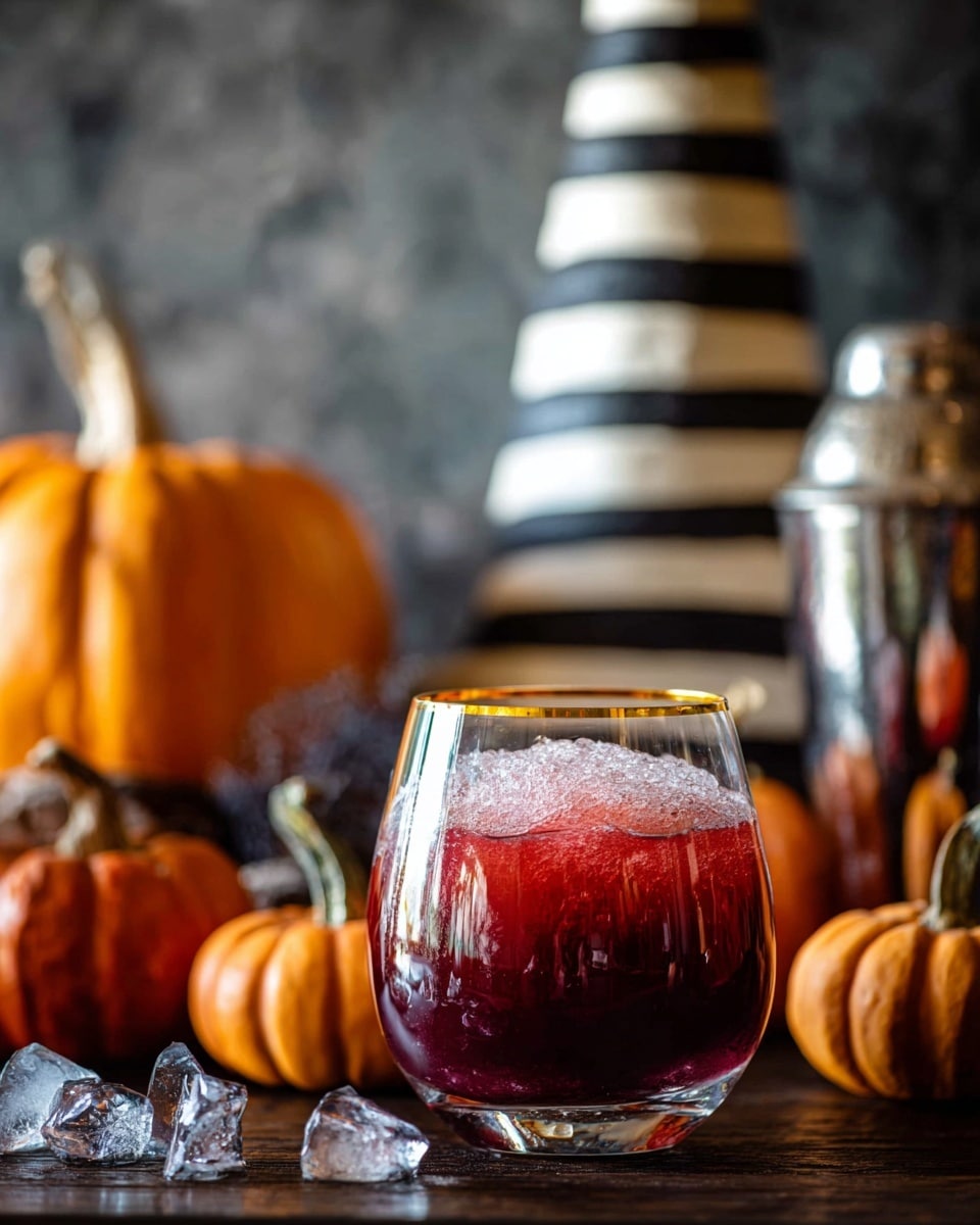 A clear round glass with a gold rim is filled halfway with a dark red drink mixed with crushed ice, giving a frosty texture on top. Around the glass, there are small orange pumpkins placed on a dark wooden surface, scattered ice cubes too. In the background, a white marbled texture is visible with a tall cone-shaped object striped in black and white, along with a shiny silver pitcher partly seen on the right side. The overall scene gives a cozy, warm feeling with autumn colors and soft lighting. photo taken with an iphone --ar 4:5 --v 7