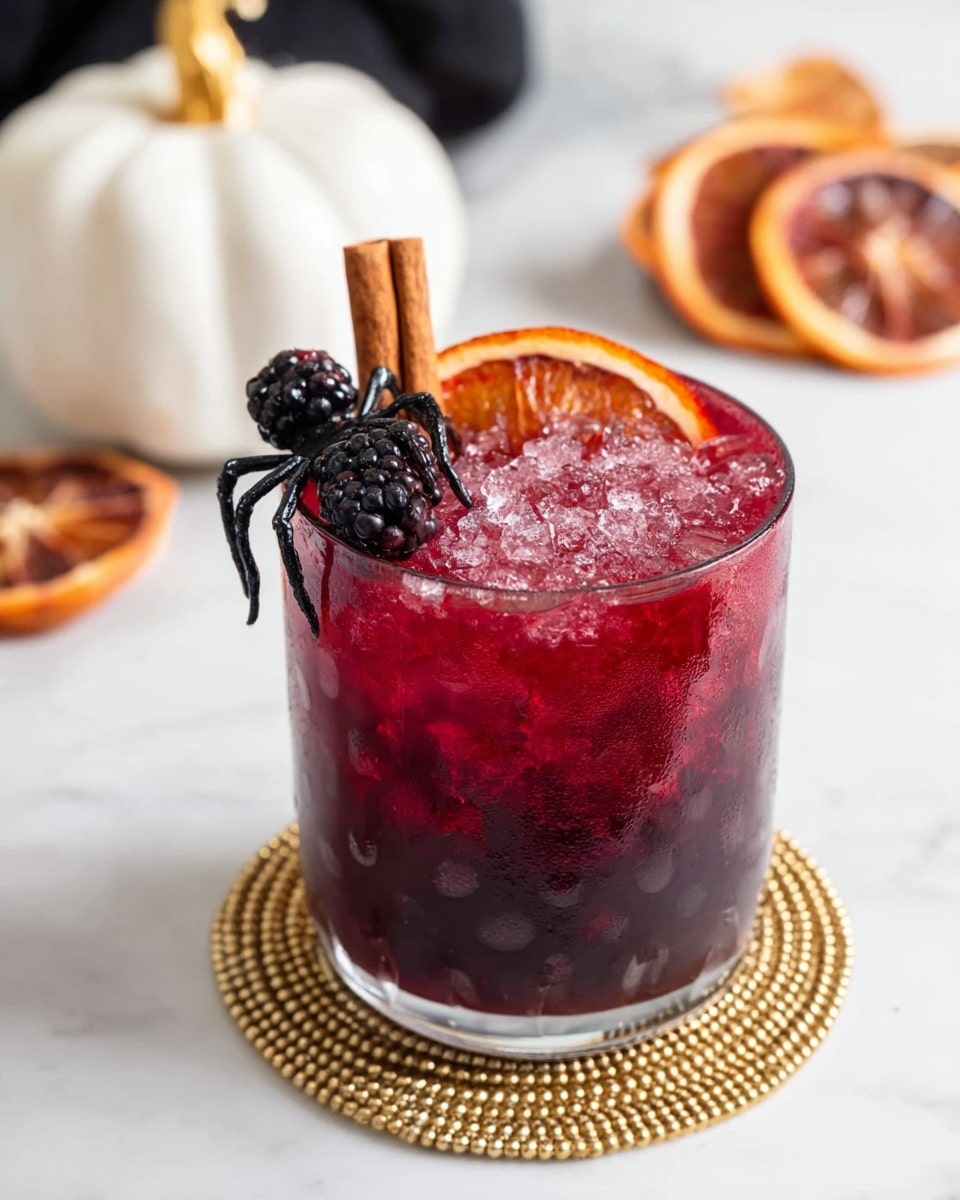 A clear glass filled with a dark red drink and crushed ice, showing two thin slices of blood orange inside the drink near the center and top. The top is decorated with a cinnamon stick on the left side, a slice of blood orange with a small black toy spider on it, and a small cluster of blackberries on the right. The glass stands on a golden beaded coaster. Around the glass on a white marbled surface, there are loose blueberries, two black toy spiders, thin apple slices, and a half slice of blood orange. In the background to the right is a small black pumpkin with a golden stem resting on white fluffy material. Photo taken with an iphone --ar 4:5 --v 7
