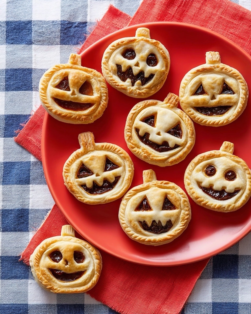 The image shows a red round plate on a white marbled surface with seven pumpkin-shaped pastries that have two layers of golden-brown crust with cut-out faces revealing a dark brown filling inside. Each pastry has different carved facial expressions like smiling, surprised, and mischievous, with some having small stem shapes on top. Around the plate, there are two red napkins on the white marbled surface, each holding one more pastry with similar two-layer design and jack-o’-lantern faces. The plate and pastries sit on a blue and white checkered cloth. Photo taken with an iphone --ar 4:5 --v 7