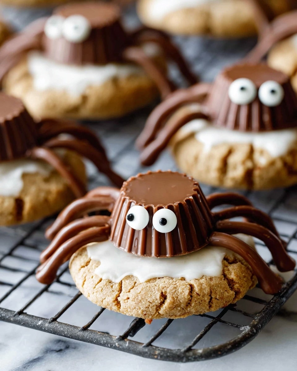 The image shows a cookie with three layers: the base is a light golden-brown soft cookie with a drizzle of white icing on top; above that is a small chocolate cup, dark brown and smooth; the chocolate cup has two candy eyes attached, white with black centers, making it look like a little creature. Chocolate lines extend from the bottom of the cup onto the cookie, resembling legs. The cookies are placed on a blue surface, with more of the same cookies blurred in the background. photo taken with an iphone --ar 4:5 --v 7