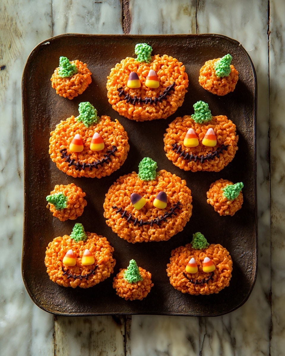 The image shows pumpkin-shaped treats made from orange crispy rice cereal, each topped with a small green textured layer representing the pumpkin stem. Some larger pumpkins have two candy corn pieces as eyes and a stitched smiling mouth made with dark chocolate icing, while smaller pumpkins are plain with just the green stem on top. These treats are arranged on a dark brown metal tray with rustic marks, placed on a white marbled surface. photo taken with an iphone --ar 4:5 --v 7