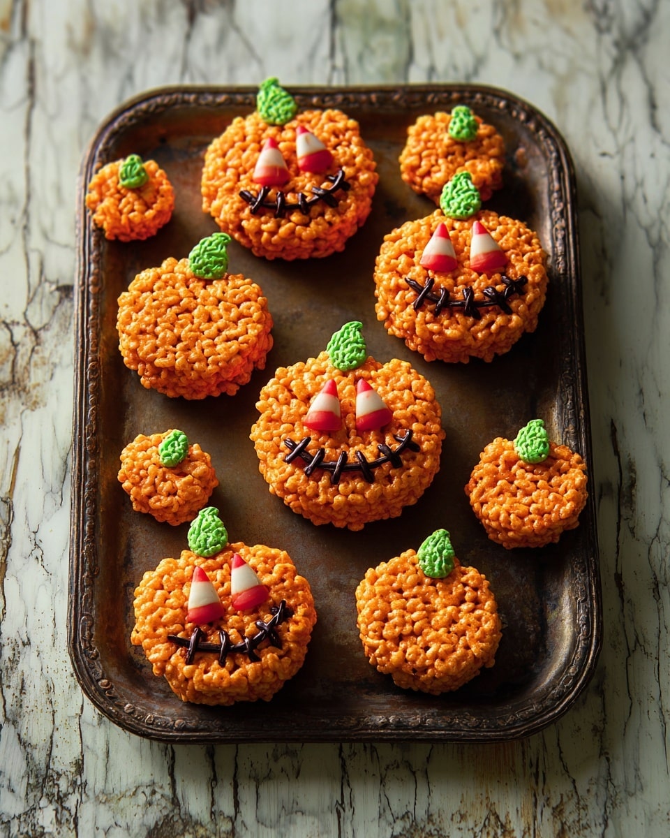 The image shows a metal baking tray filled with orange pumpkin-shaped rice crispy treats. Each treat has a textured orange base made from crispy rice cereal. On top of each, there is a green textured stem made from a similar rice cereal mix. Some of the bigger pumpkin treats have two candy corn pieces for eyes placed near the top center and a curved stitch-like pattern made of dark chocolate or icing below, resembling a mouth. Smaller pumpkins have just the base and green stem, with no eyes or mouth. The tray is placed on a white marbled surface. photo taken with an iphone --ar 4:5 --v 7